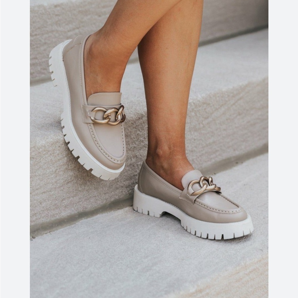 Tan chunky platform loafers with chain